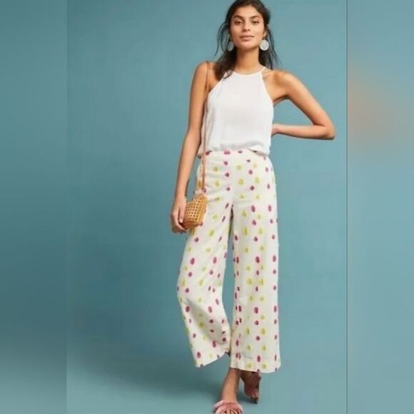 🔹️Anthropologie Cream w/Pink & Yellow Dot Wide Leg Cropped Pants Size 10 - Picture 13 of 15